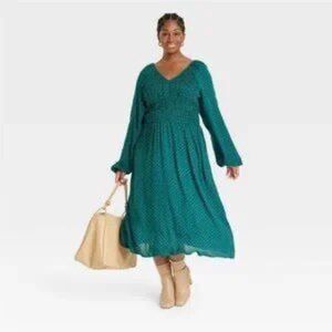 Ava & Viv Green Blue Tiny Dutsy Floral Smocked Long Sleeve Maxi Dress, 1X